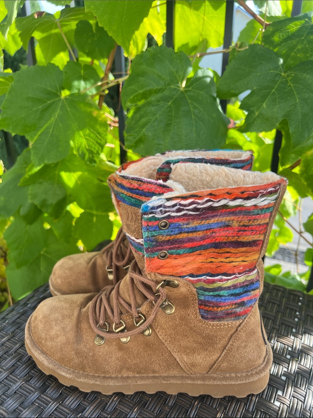 BearPaw Brown Suede Lace-Up Boots with Multicolor Knit Cuff